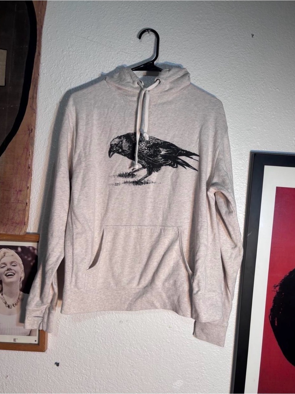 Hooded Pullover Sweater - Light Beige with Black Raven Print